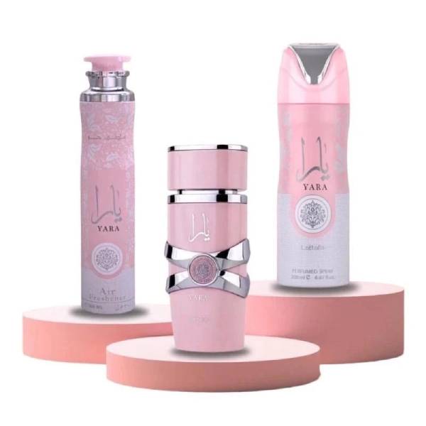 Lattafa Yara 3-Piece Set (3.4oz EDP Spray + 6.7oz Body Deo + Air Freshener)