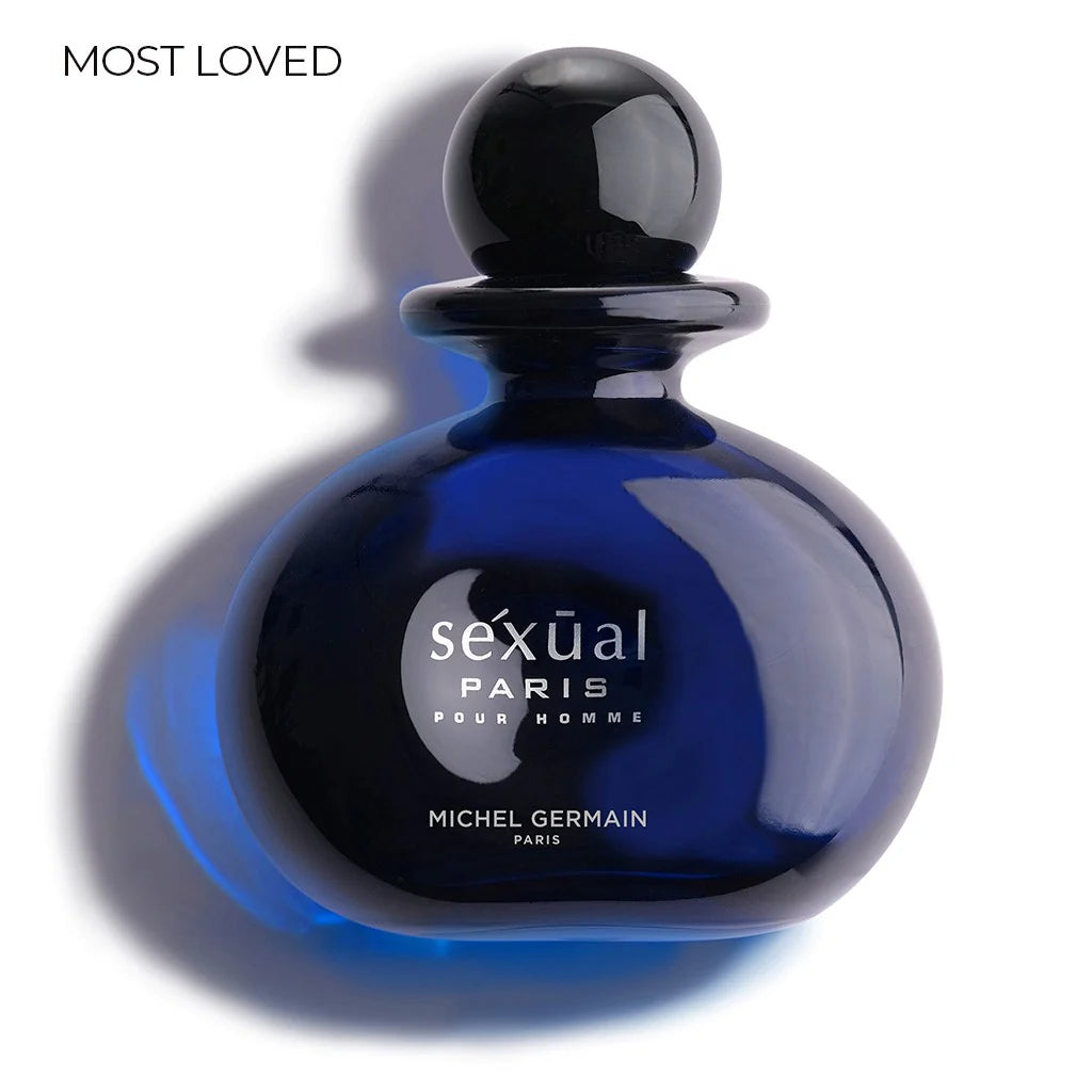 Blue perfume bottle labeled 'Sexual Paris'