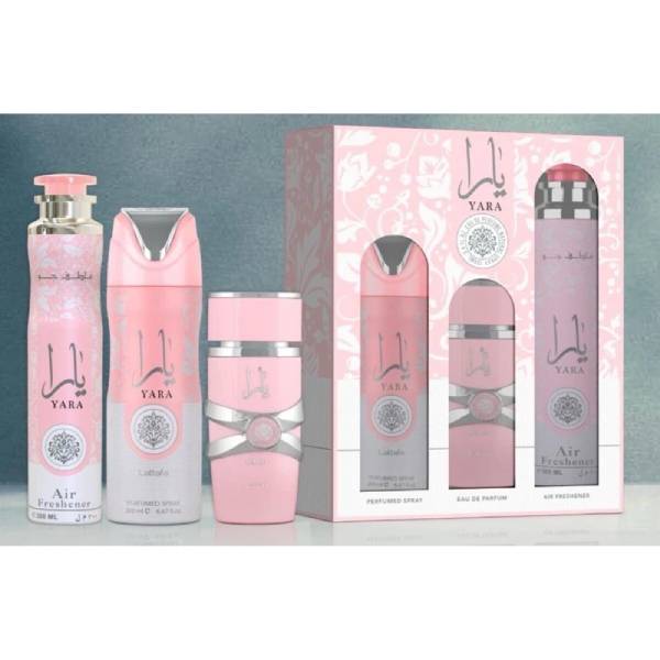 Lattafa Yara 3-Piece Set (3.4oz EDP Spray + 6.7oz Body Deo + Air Freshener)