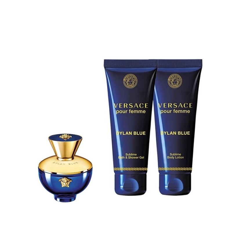 Versace Dylan Blue 3 Piece Mini Set for Women Set Includes:5ml Eau De Parfum +25ml Body Lotion +25ml Bath Shower Gel.